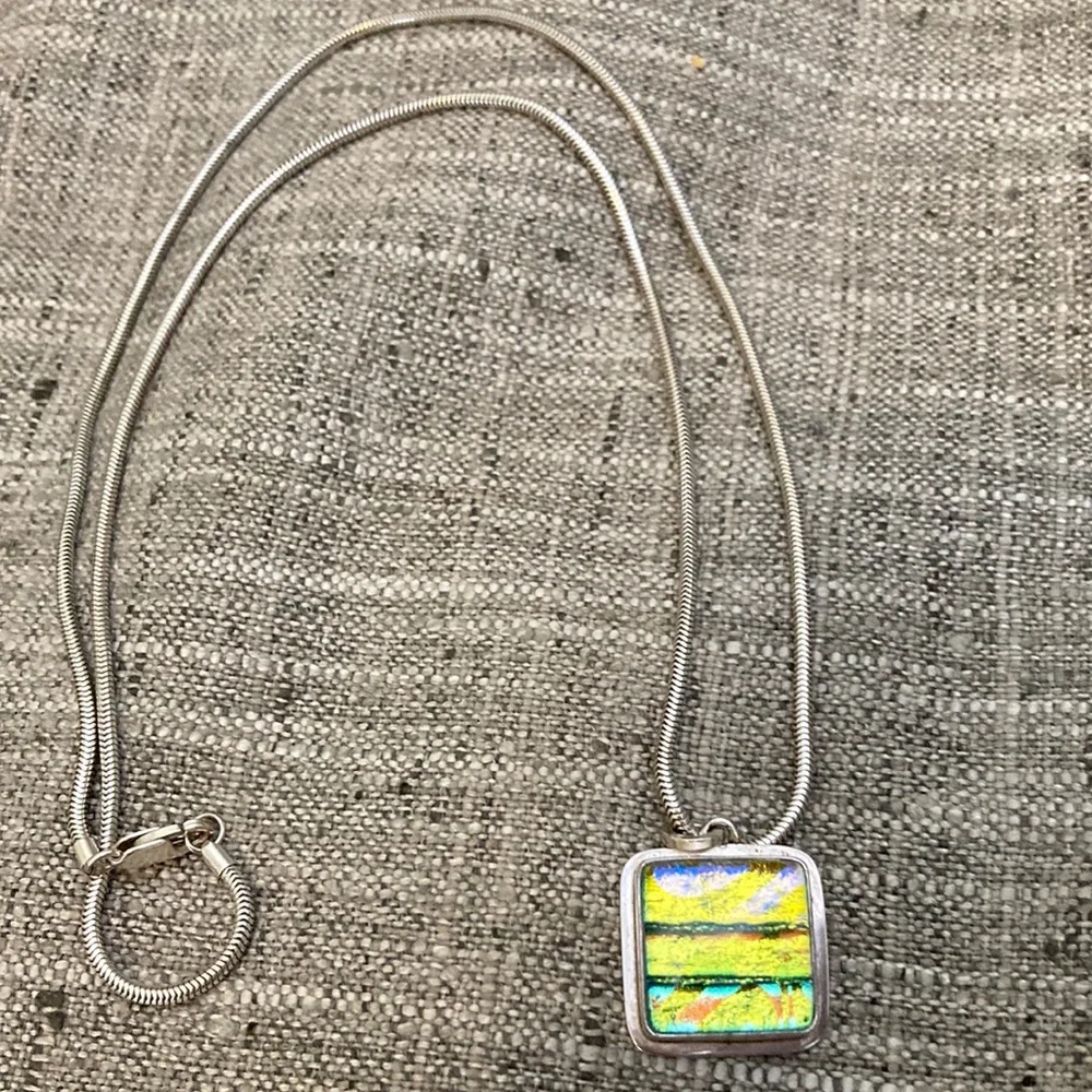 24" Snake Sterling Silver Necklace Green Dichroic Glass Art - Picture 3 of 4